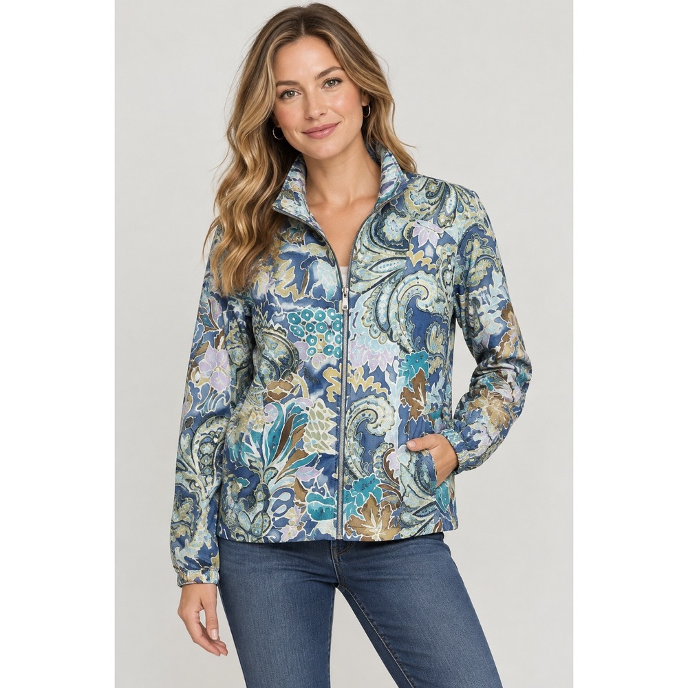 Chico's Jacket Women S‎ Sz 1 Blue Multi Paisley Floral Full Zip Mock Neck Cotton